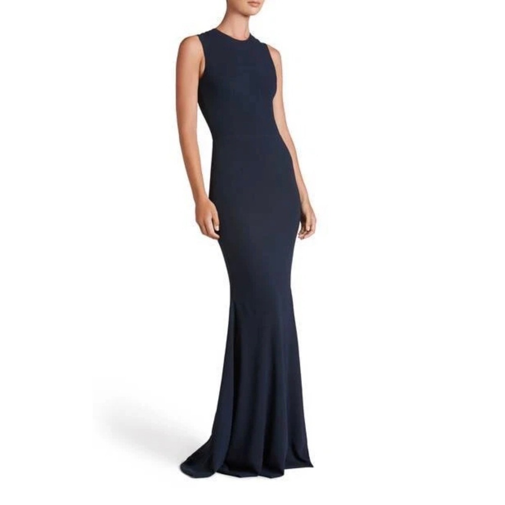 Dress the Population Navy Crepe Open Back Mermaid Gown Formal Evening Dress M